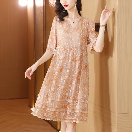 PF3079#真丝连衣裙女大码新款春夏2024高端大牌妈妈气质显瘦桑蚕丝蕾丝裙