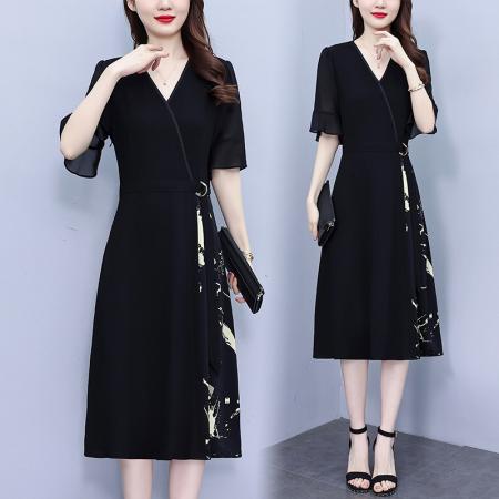 PF3083#大码女装2024夏季新款胖妹妹设计感拼色气质中长款连衣裙