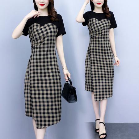 PF3087#夏季新款胖MM收腰显瘦格子连衣裙女拼接百搭a字长裙