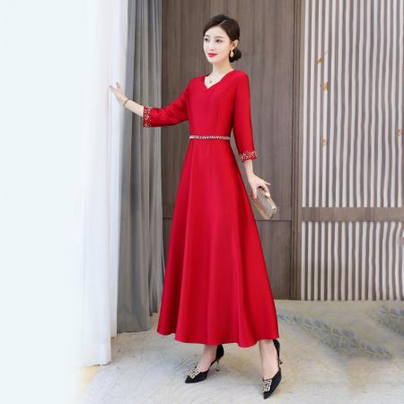 PF3099#红色喜庆婚礼妈妈连衣裙女 装新款气质V领宴会礼服裙