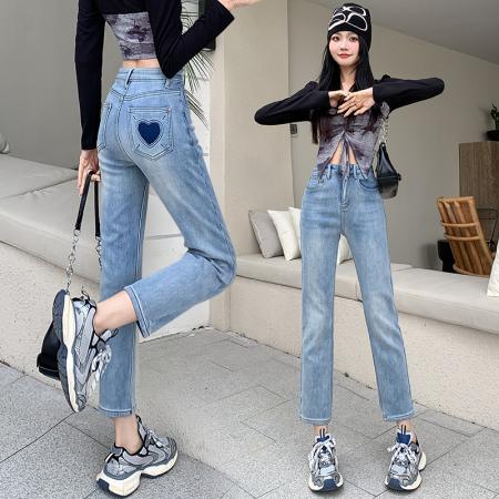 PF3104#春夏新款浅蓝色高腰烟管牛仔裤女宽松显瘦小个子九分直筒裤