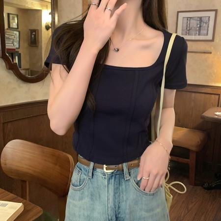 PF3106#设计感小众正肩U领短袖T恤女 夏辣妹高腰显瘦短款上衣