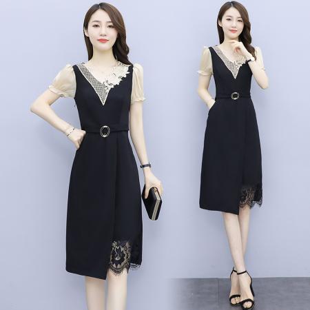 PF3113#夏季套头显瘦洋气减龄中长款法式蕾丝拼接时尚包臀针织V领连衣裙