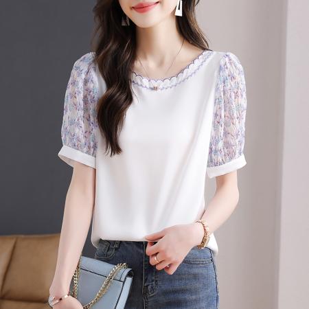 PF3117#夏季新款T恤女时尚绣花圆领拼接雪纺碎花短袖直筒小衫