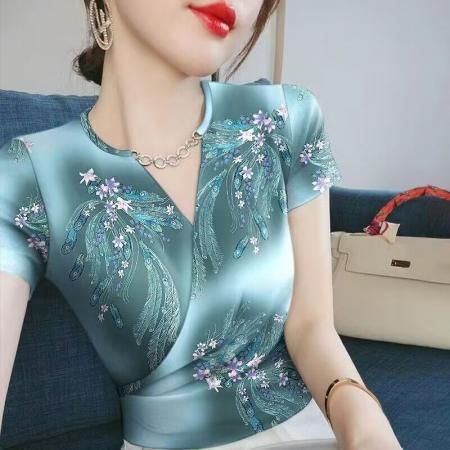 PF3119#新款短袖t恤女夏季V领打底衫时尚印花显瘦洋气上衣潮