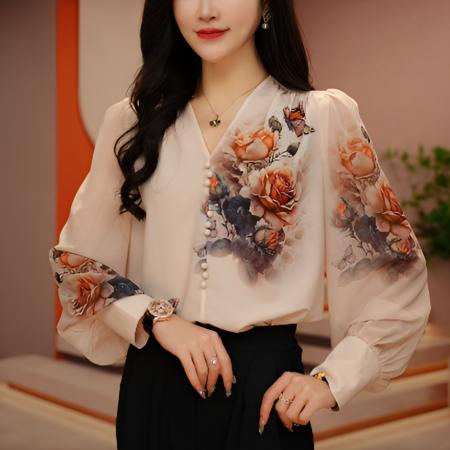 PF3137#新款双绉丝显瘦减龄透气印花套头小衫