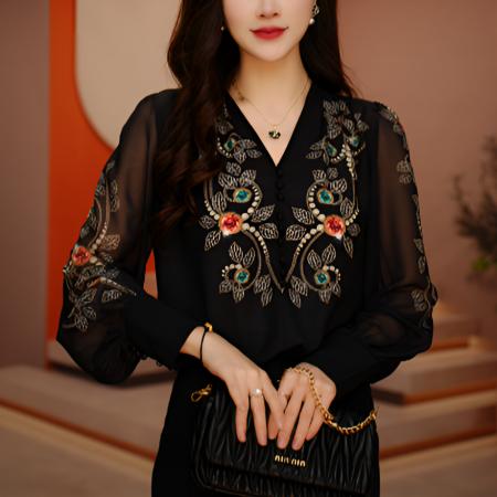 PF3139#春夏新款肌肤网纱高领显瘦减龄透气印花套头小衫