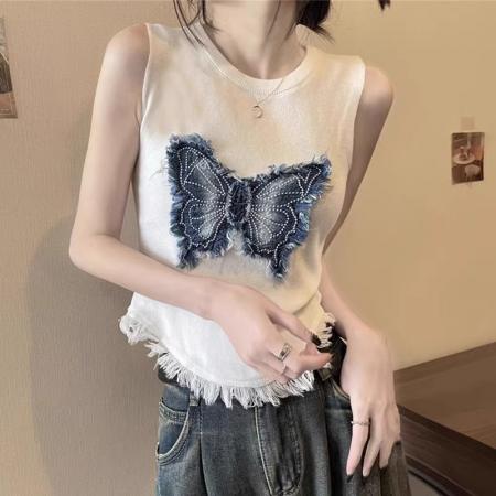 PF3143#夏季新款泰式小众流苏蝴蝶结针织背心吊带外穿短款无袖上衣女