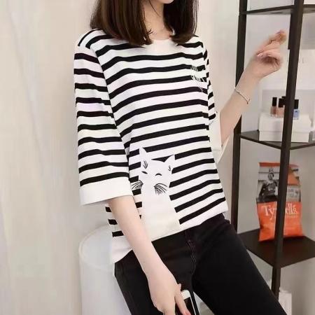 PF3151#短袖t恤女黑白条纹中袖冰丝针织衫2024新款夏季韩版宽松上衣女装