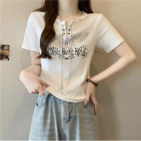 PF3152#新款设计感小众V领修身显瘦短袖T恤上衣