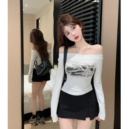 PF3161#韩版一字肩纯欲修身长袖短T恤女春时尚印花露腰显瘦上衣
