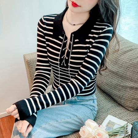 PF3165#法式POLO翻领条纹针织衫秋冬气质百搭时髦洋气长袖上衣女