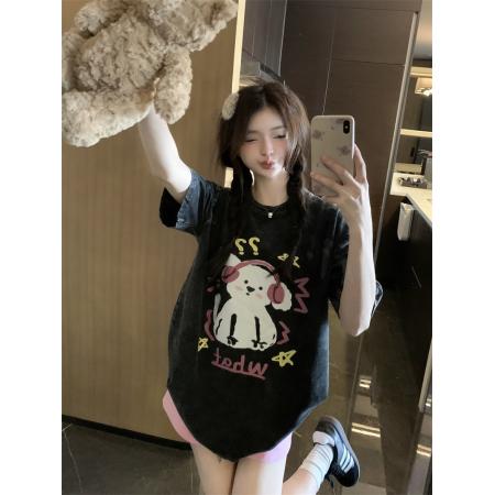 PF3166#后包领纯棉200克听音乐的狗狗短袖男女黑色T恤可爱纯棉体恤