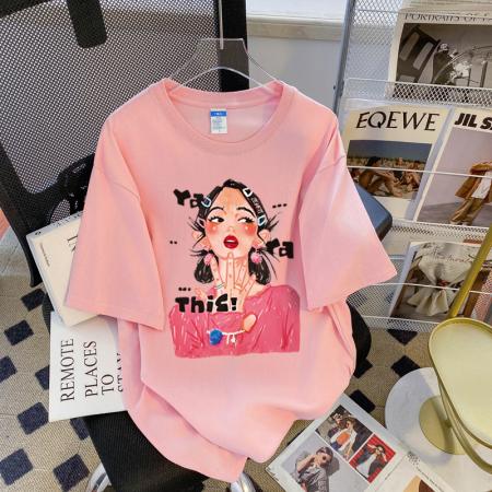 PF3169#纯棉大码韩版宽松休闲印花T恤夏新款百搭落肩短袖女