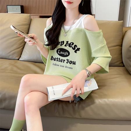 PF3170#华夫格后包条抖音质量印花露肩短袖t恤女宽松大码上衣