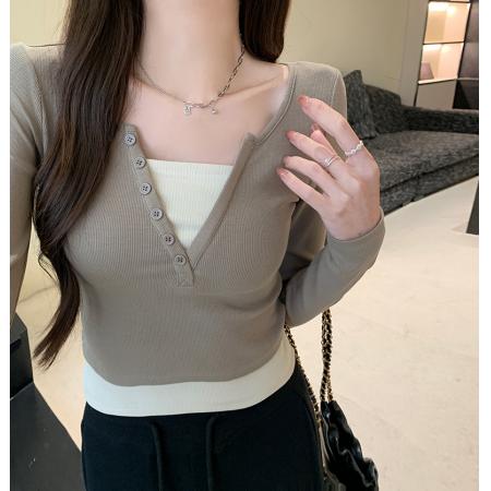 PF3172#螺纹长袖t恤女春秋薄修身假两件打底衫圆领上衣韩版女装