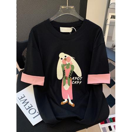 PF3175#纯棉特大码300斤后包领纯棉刺绣拼色短袖t恤女