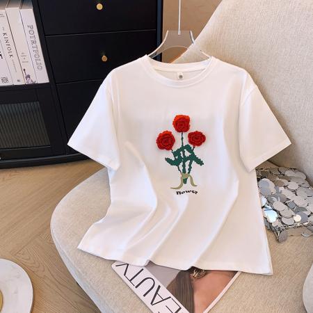 PF3177#流行复古风夏季短袖t恤女2024新款休闲重工花朵圆领百搭上衣