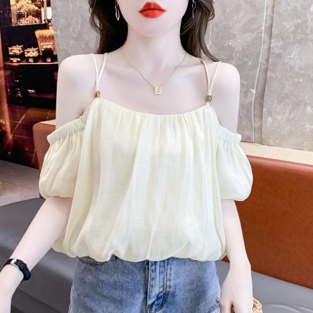 PF3179#甜美设计感吊带背心女一字领露肩上衣2024夏新款美背雪纺衬衫