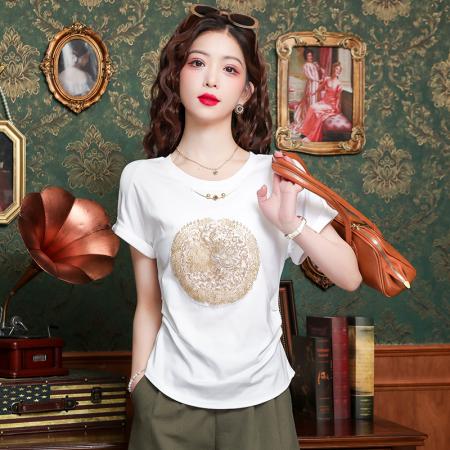 PF3180#新中式刺绣亮片半袖褶皱收腰复古盘扣T恤国潮风百搭上衣