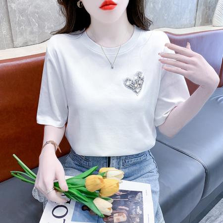PF3181#正肩短袖t恤女夏2024新款时尚圆领爱心水钻装饰休闲百搭上衣