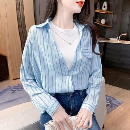 PF3184#新款时尚宽松条纹衬衫女高级感口袋休闲假两件上衣