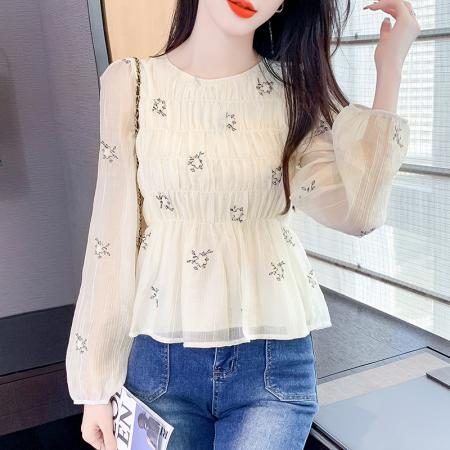 PF3185#蕾丝勾花收腰小清新衬衣女 法式洋气减龄温柔显瘦雪纺衫