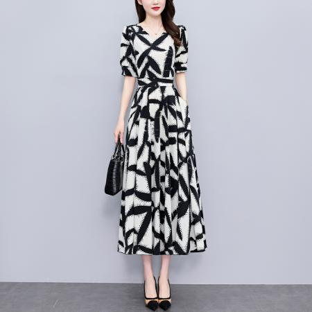 PF3196#真丝连衣裙女夏长款 夏季新款缎面大码胖mm收腰显瘦过膝长裙子