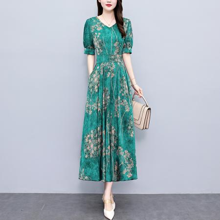 PF3197#真丝连衣裙女夏长款 夏季新款缎面大码胖mm收腰显瘦过膝长裙子