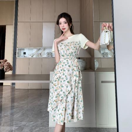 PF3207#假两件碎花连衣裙女 夏季新款短袖郁金香印花荷叶边裙子