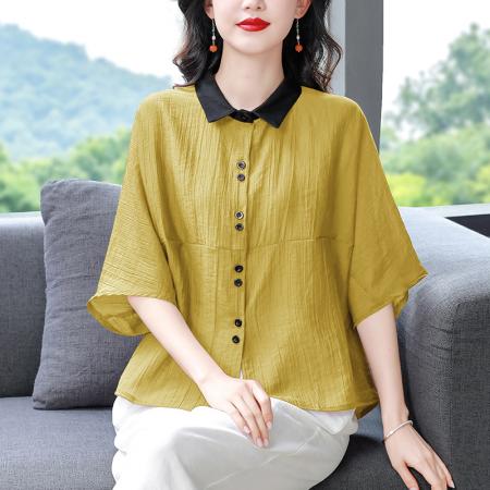PF3223#亚麻短袖衬衫女士 新款棉麻上衣高端洋气撞色小衫