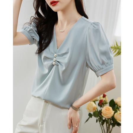 PF3226#夏季新款韩版百搭V领短袖钉珠缎面衬衫女夏季上衣