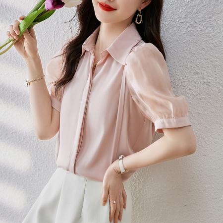PF3228#夏季新款韩版百搭短袖缎面衬衫女上衣夏