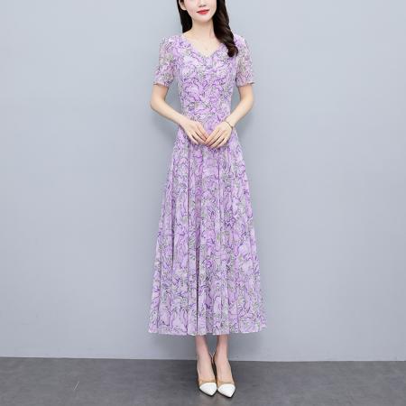 PF3229#夏季新款雪纺碎花连衣裙大码胖mm收腰显瘦遮肚长裙