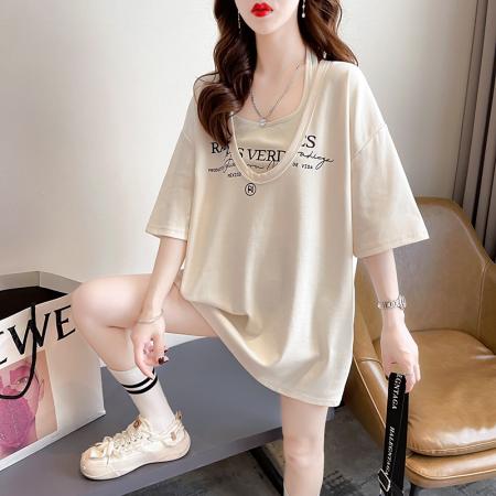 PF3235#纯棉冰爽短袖t恤女夏潮两件套圆领上衣大码女装
