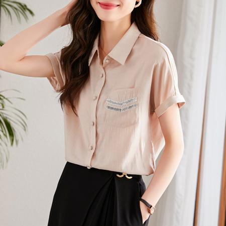 PF3247#夏季衬衫女上衣别致显瘦衬衣通勤短袖衬衫设计感女小众女