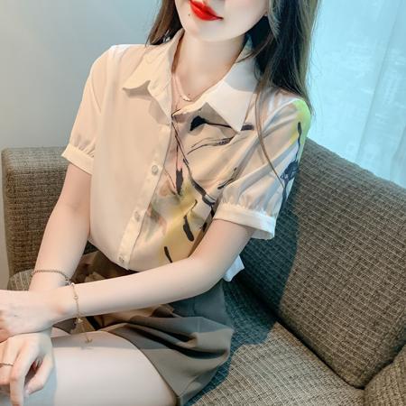 PF3249#气质水墨画印花拼接设计感 夏季短袖宽松欧货减龄真丝上衣女