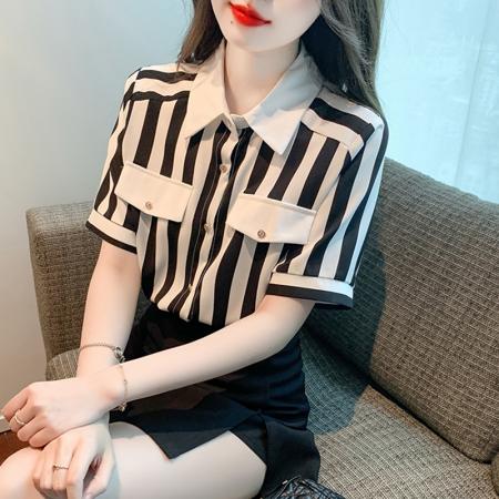 PF3250#高级感桑蚕丝百搭上衣真丝短袖衬衫女士时尚竖条纹polo领气质小衫