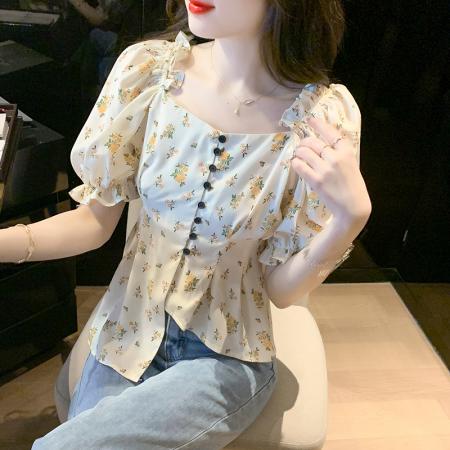 PF3253#法式v领不规则碎花衬衫女 夏季新款设计感小众短袖雪纺衫上衣