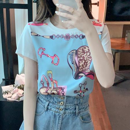 PF3255#印花图案修身显瘦纯棉个性宽松短袖圆领白打底t恤女