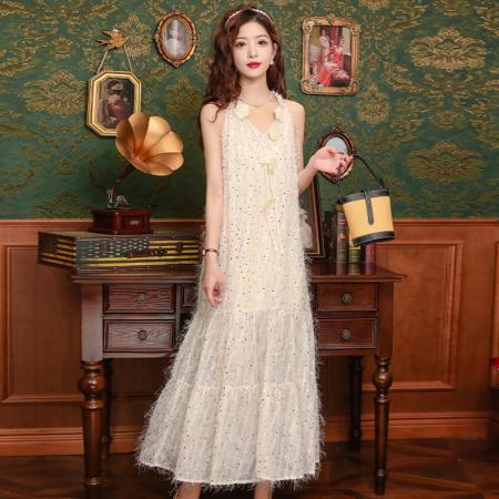 PF3257#高级感无袖设计感玫瑰花亮片连衣裙女