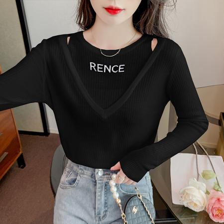 PF3262#新款假两件纯色字母印花针织衫长袖套头打底衫露肩上衣女