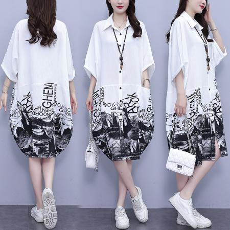 PF3266#夏季新款韩版胖MM大码POLO领遮肉衬衫连衣裙中长款休闲宽松型