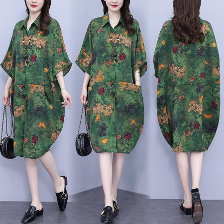 PF3267#夏季新款韩版胖MM大码POLO领遮肉衬衫连衣裙中长款休闲宽松型