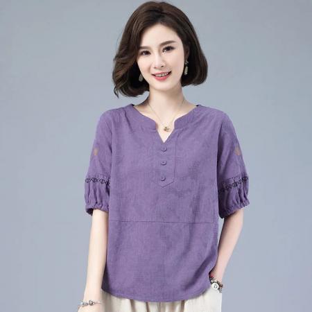 PF3280#纯棉t恤女短袖2024夏新款中年妈妈半袖上衣遮肉大码女装刺绣小衫