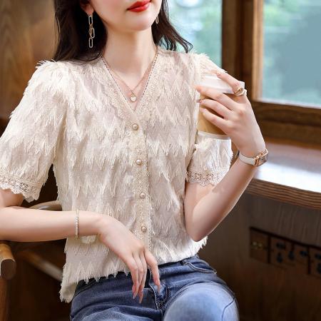 PF3293#夏季小香风蕾丝花边百搭短袖流苏衬衫高级感上衣女