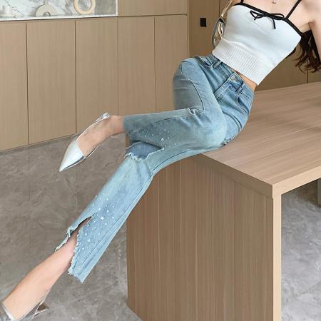 PF3304#牛仔裤女设计感水洗夏季高腰显瘦休闲裤子