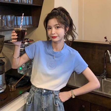 PF3305#女装新款夏季短袖T恤渐变色设计感辣妹风短袖蓝色盐系上衣