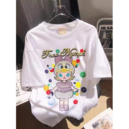 PF3306#精梳紧密赛络设计感小众卡通烫钻短袖T恤女宽松