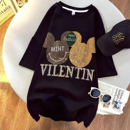 PF3309#烫钻短袖牛奶丝 百搭简约休闲夏季